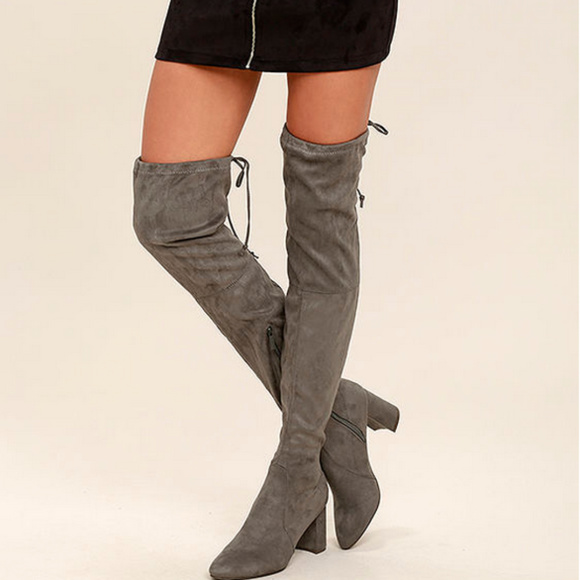 Lulus Shoes - Chic Grey Suede Over the Knee Boots